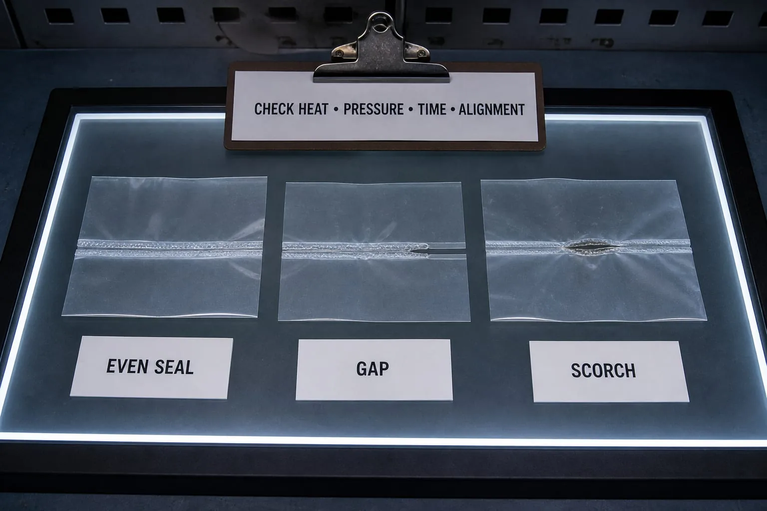 Even, gapped and scorched film seal samples on an inspection light table