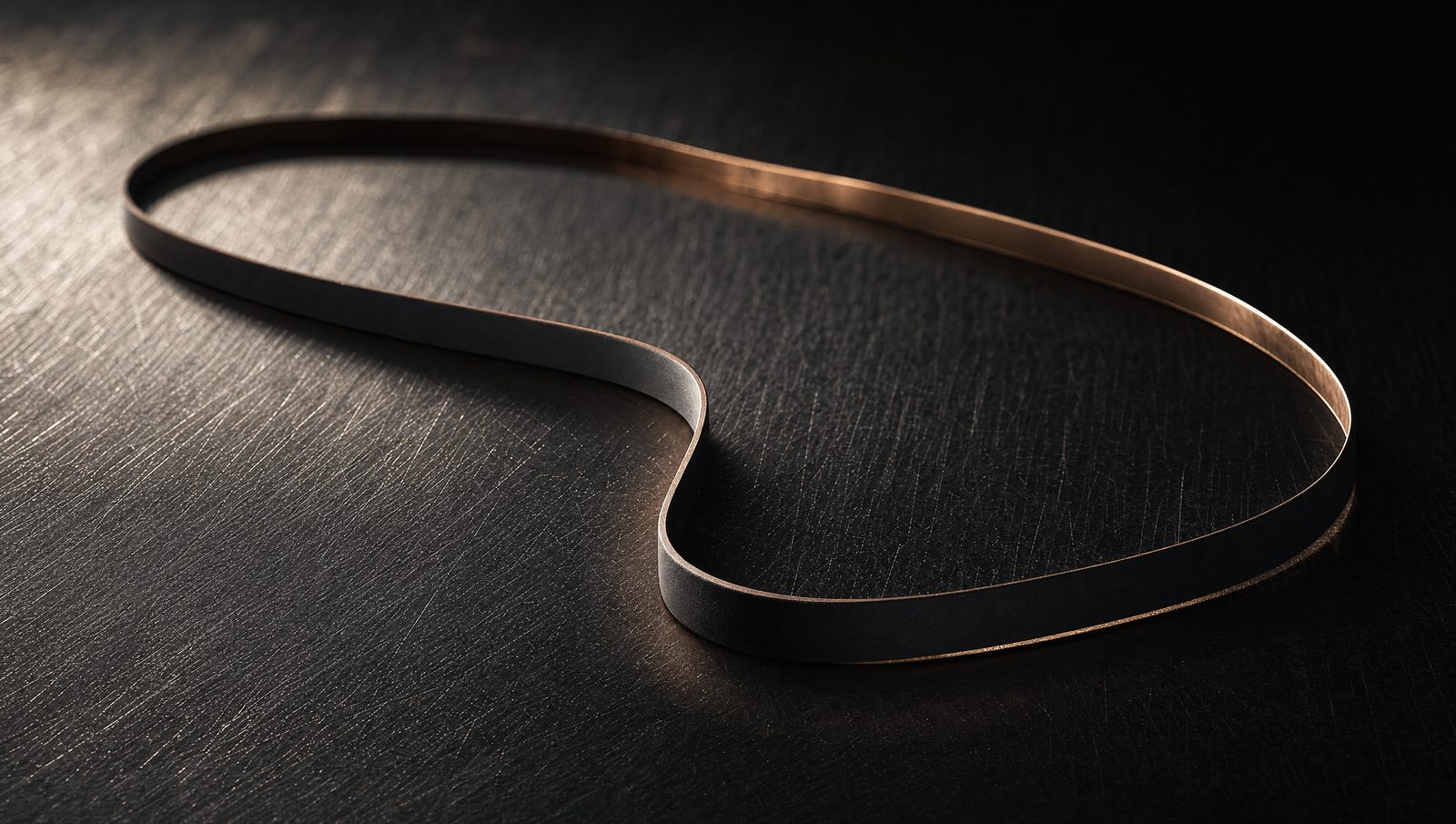 An endless welded heat seal band lying loosely, thin enough to drape into an irregular loop, black PTFE coated with a bronze back.
