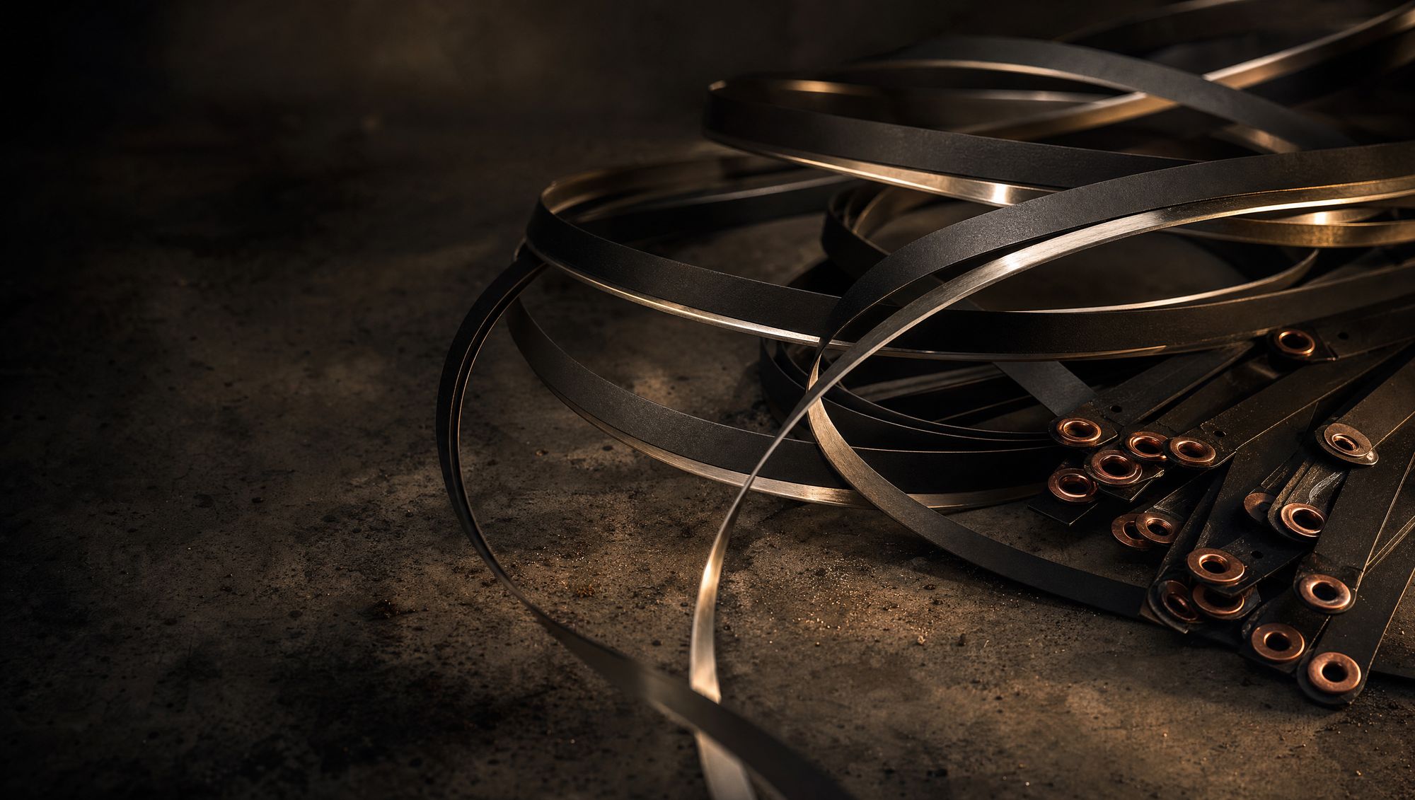 PTFE coated endless heat seal bands draping in loose loops beside a stack of flat black heat seal elements with copper ring terminals.