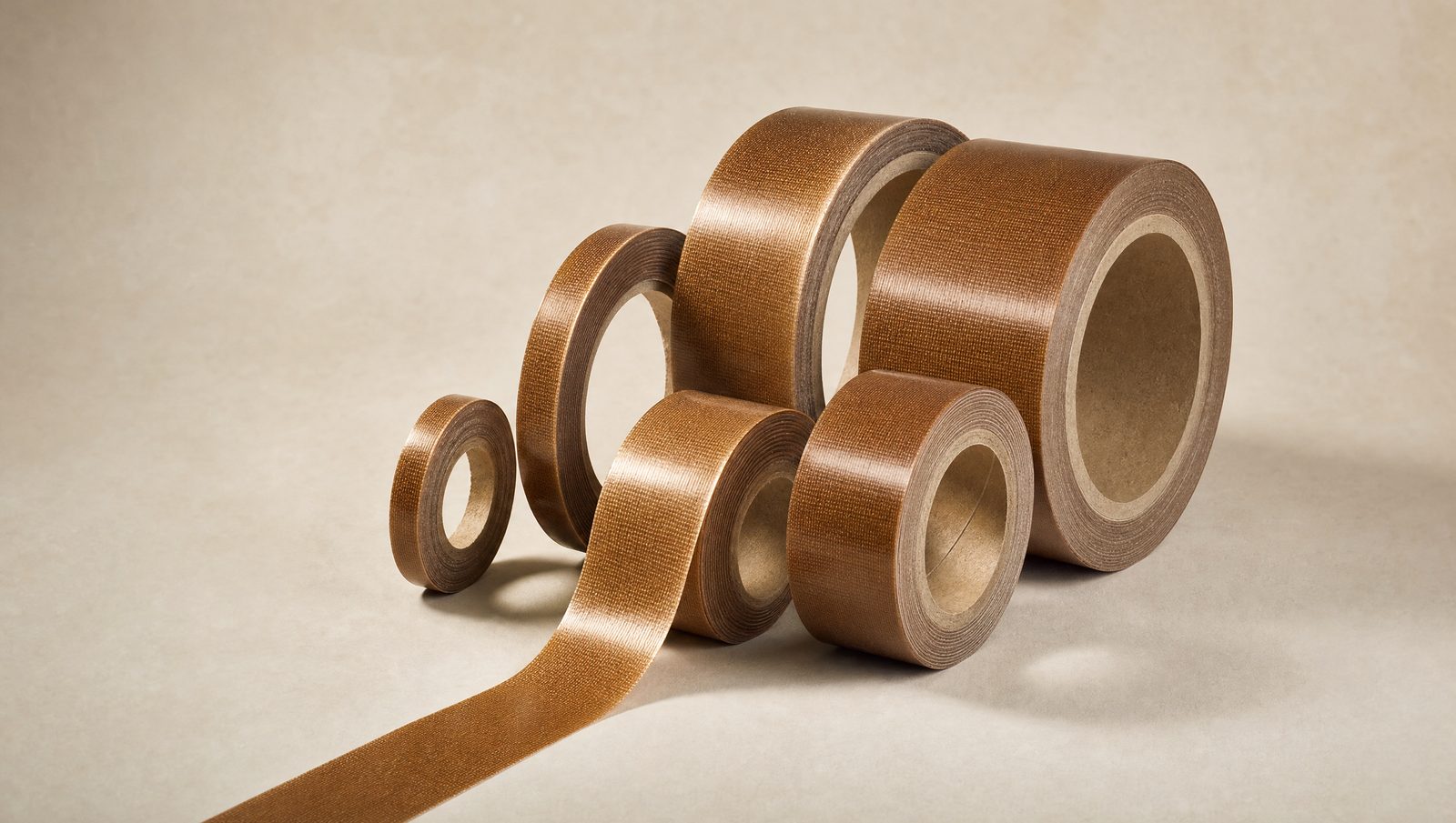Rolls of PTFE coated glass cloth heat seal tape in translucent amber brown, in five different widths on plain cardboard cores, with one length partly unrolled showing the woven glass cloth texture.