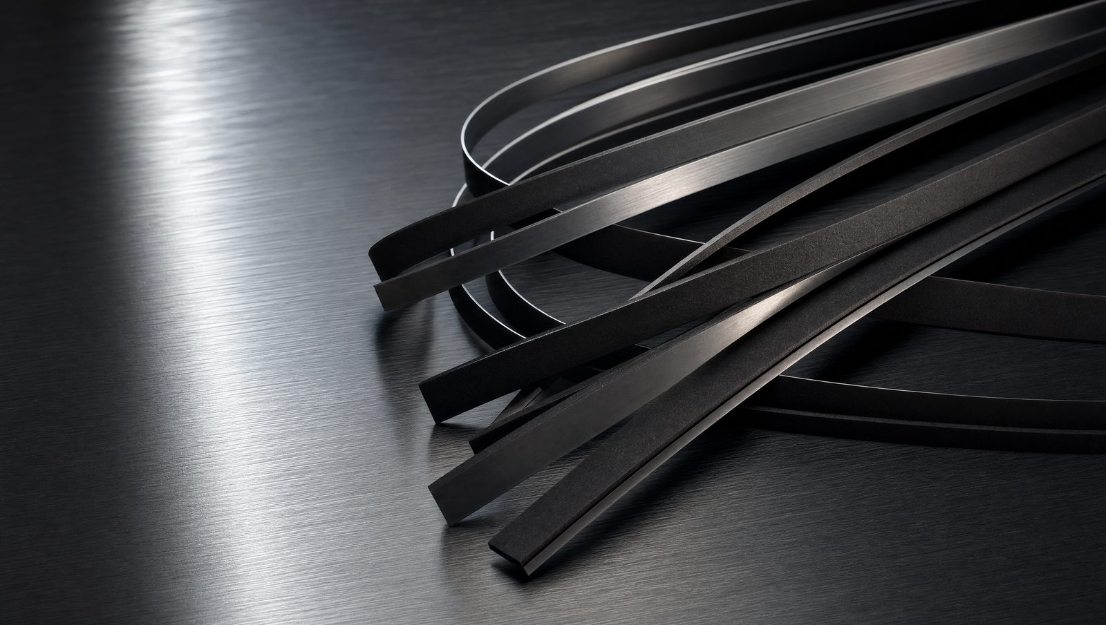 PTFE coated heat seal bands draping loosely on a dark steel surface. These are the thin wear parts that fit inside a packaging machine sealing jaw.